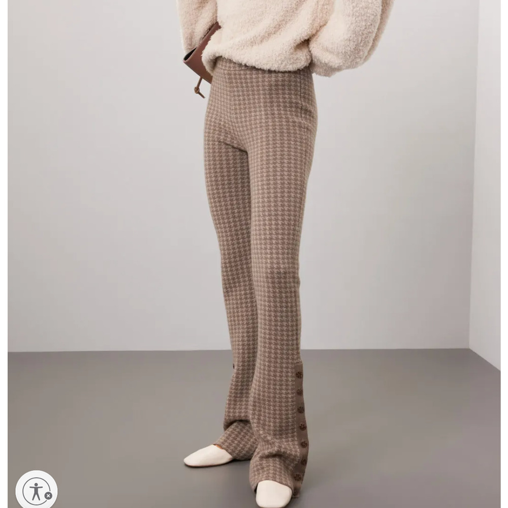 Naadam Beige Cream Houndstooth Flare Pants SMALL Sweater Cashmere Designer $325